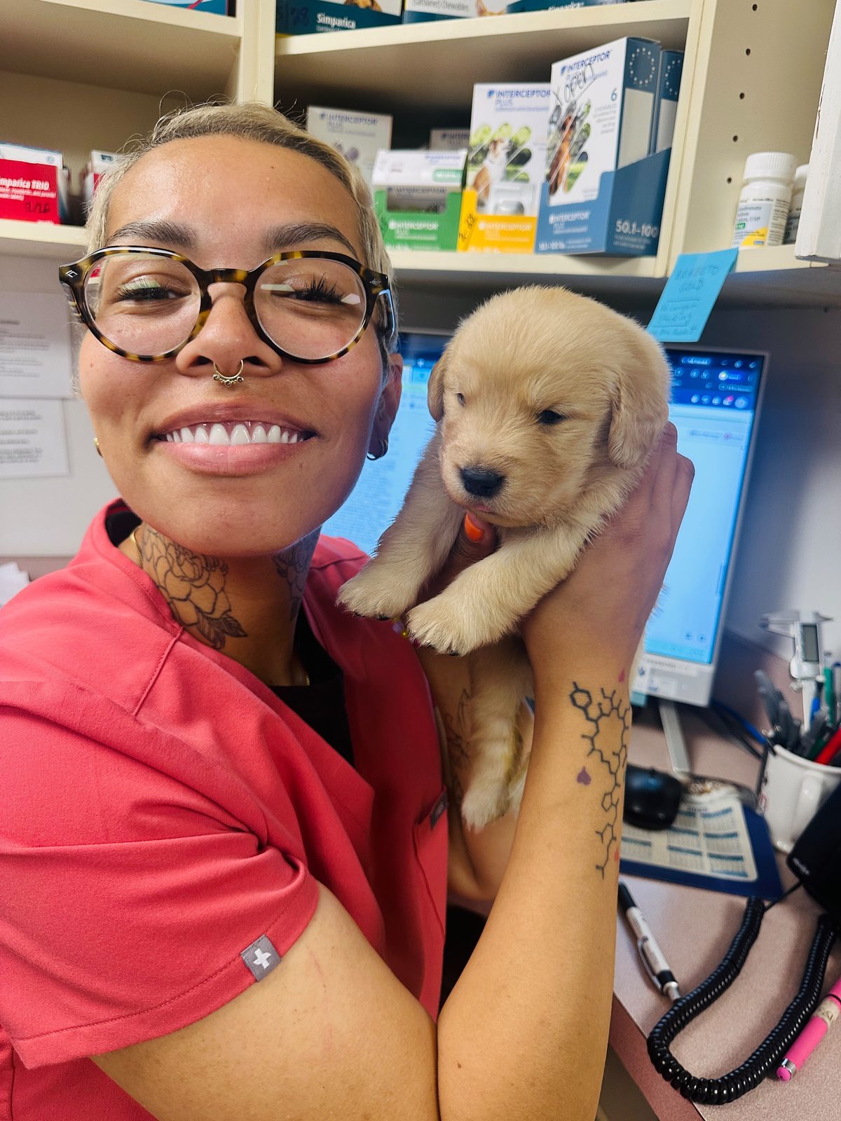 A member of the team holding Flurry as a small puppy in the pharmacy