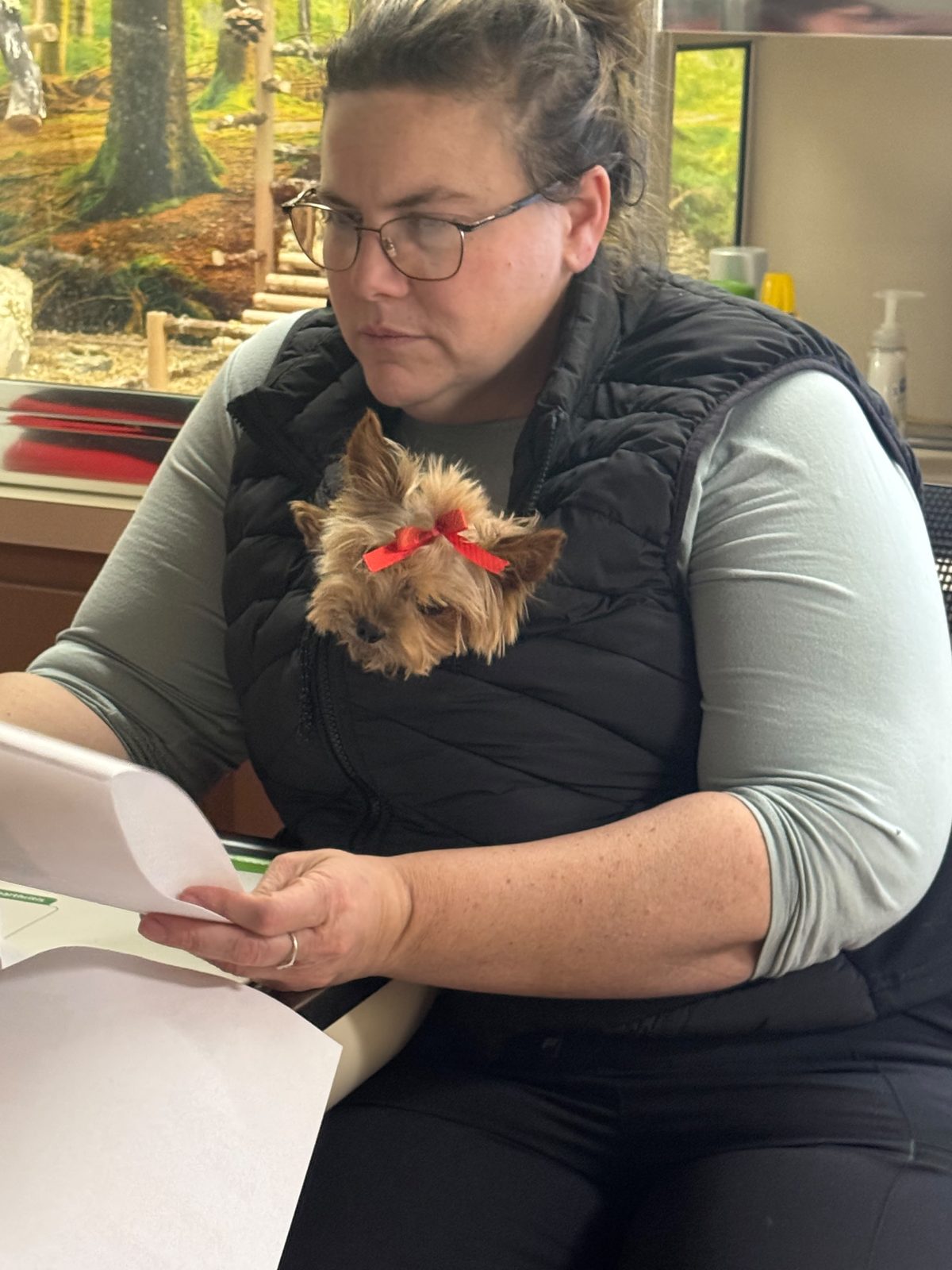 Renee at work with a yorkshire terrier tucked into her vest