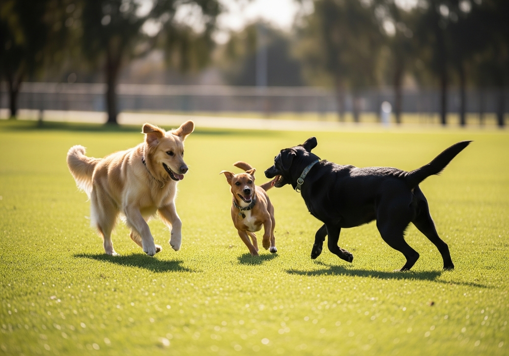 Three diverse dogs enthusiastically playing and running with a stick in a sunlit green park, depicting joyful outdoor pet activities.